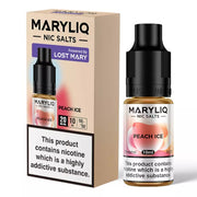 Bottle of MaryLiq Peach Ice Nic Salt E‑Liquid in 50/50 VG/PG ratio, featuring vivid peach-orange and icy blue packaging with stylized peach fruit artwork and crystal frost graphics, bold ‘MaryLiq’ branding and ‘Peach Ice’ label—nicotine strength clearly marked (e.g. 20 mg), designed for MTL nicotine salt vape devices.